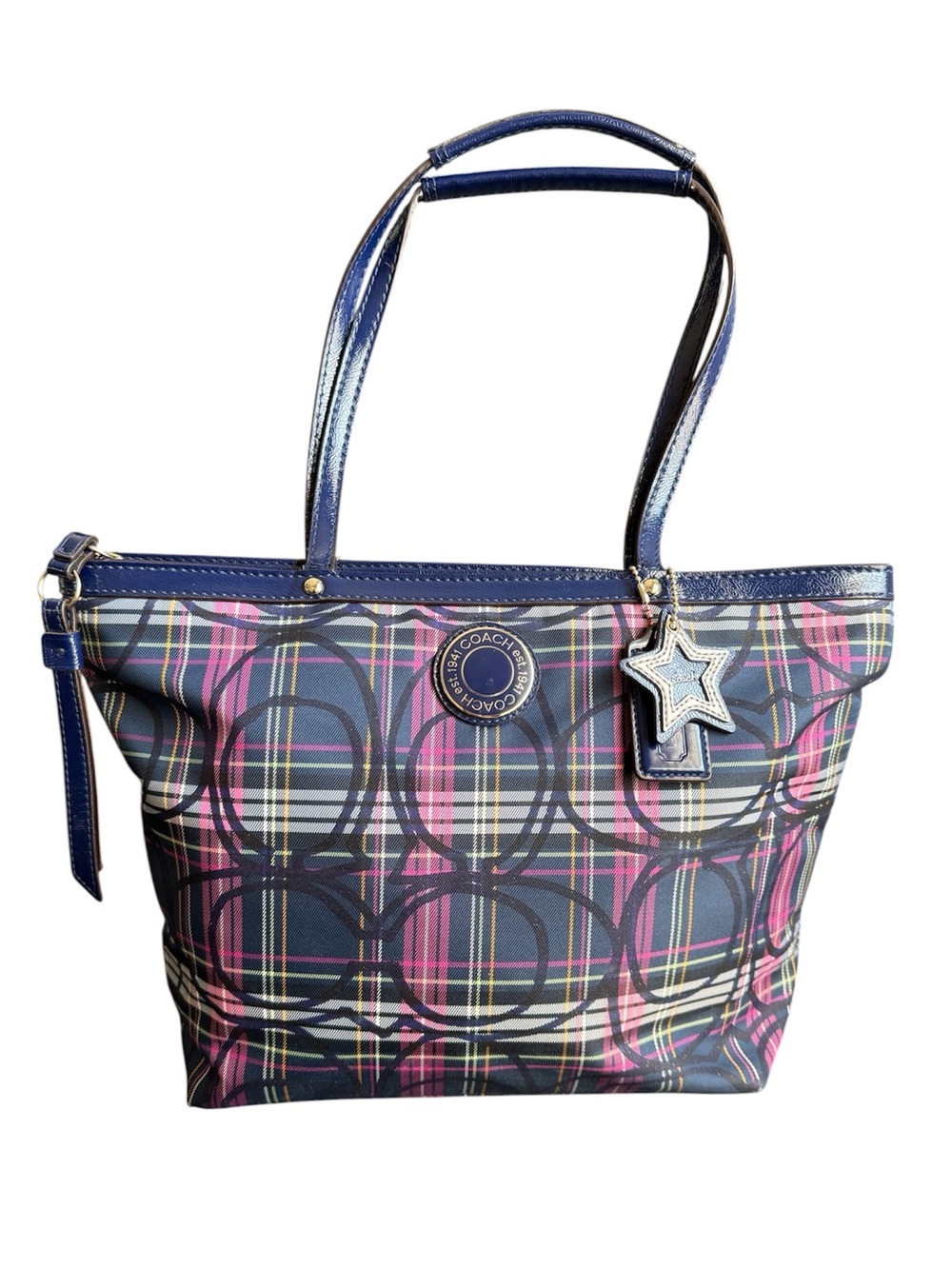 Y2K Coach Poppy Tote Bag Blue Pink Tartan Plaid Purse Star Charm Hangtag